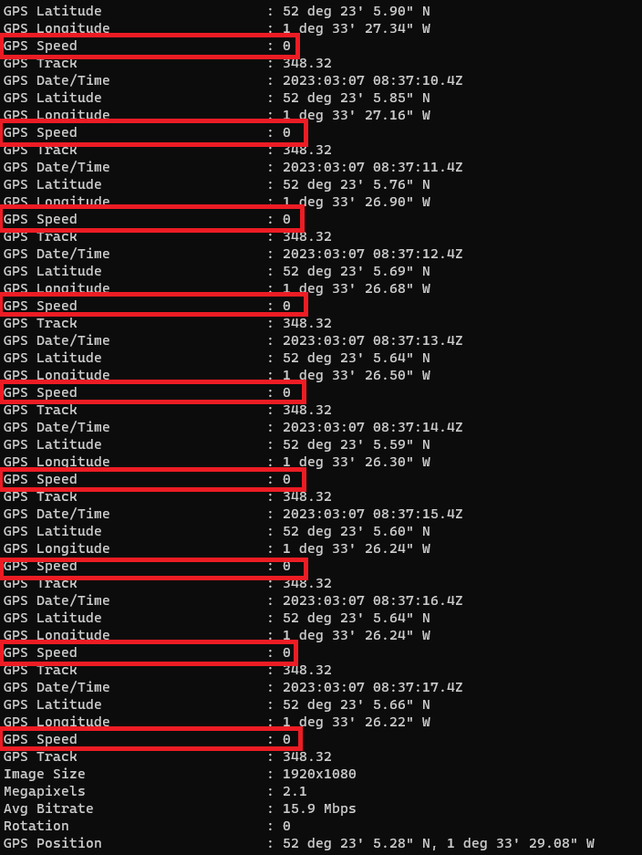 ExifTool output showing speed discrepancies